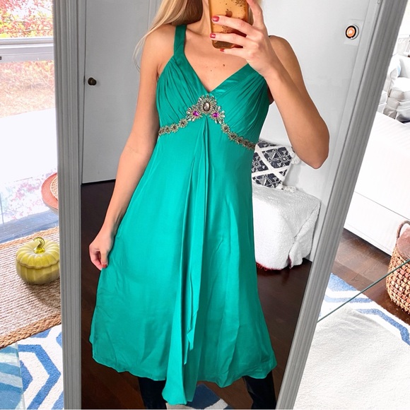 🦚 MONSOON TEAL GREEN BEADED FESTIVE SILK DRESS! - Picture 5 of 16